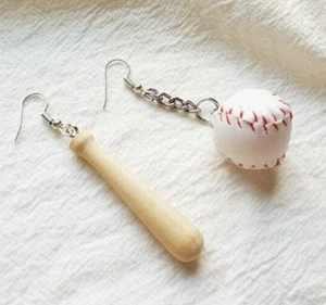 Asymmetrical Baseball Bat & Baseball Drop 3D Earrings - Baseball Mom, MLB - Picture 1 of 8