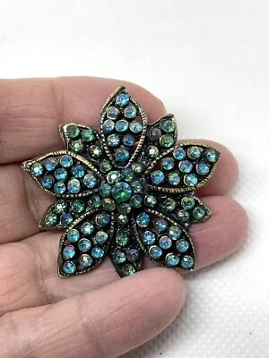 Peacock Blue & Green Rhinestone Antique Bronze Flower Lapel Pin Brooch  - Image 1 of 4