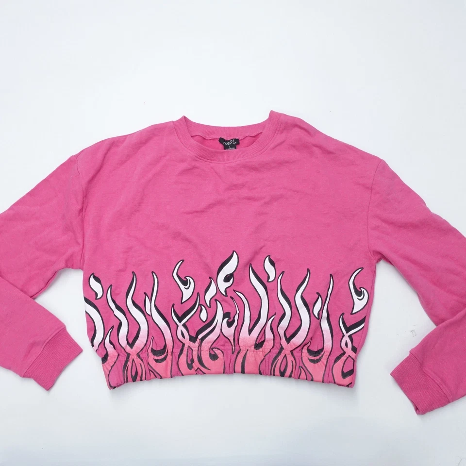 Rue21 Sudadera Recortada Para Mujer Grande Rosa Llama/Fuego Cuello Redondo Algodón Pullover Foto 1 de 4