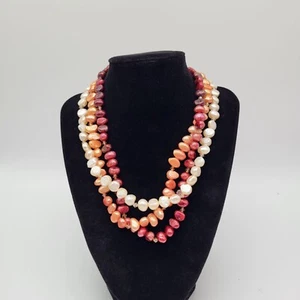 VTG 14/20 Gold Filled Clasp 3 Strand Red Peach Cream Pearl Statement Necklace - Picture 1 of 9