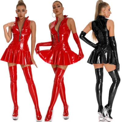 Women's Shiny Wet Look Faux Leather Flared Skater Skirt Pleated Short Mini Dress - Image 1 of 4