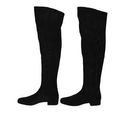 NEW YSL Saint Laurent $1,495 Black Suede Fringed Over the Knee Boots Shoes 5 35 - Image 1 of 4