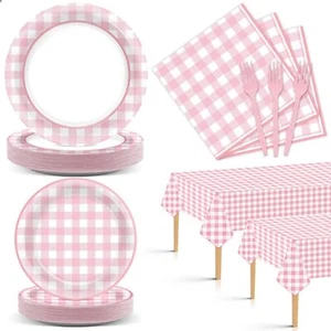 98 Pieces Pink Gingham Party Supplies For 24 Guests Pink And White Checkered Tab - Picture 1 of 7