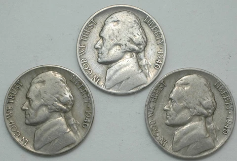 1940-P-D-S Jefferson Nickel year set of 3 coins Cover