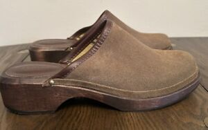 J CREW Womens Clog Slide Mule Shoes Sz 7 Brown Suede Wooden Mid Sole Italy