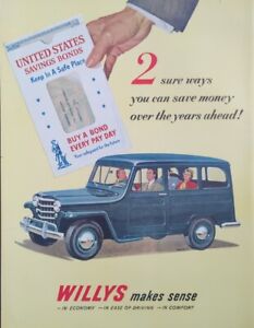 1950 vintage whilly's overland Jeepster print ad. Green station wagon