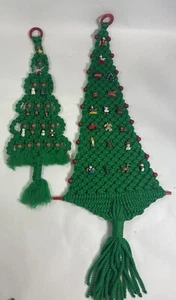 CHRISTMAS MACRAME Tree Wall Hangings Boho MCM w Wood Ornaments Beads 39x15 24x9 - Picture 1 of 13