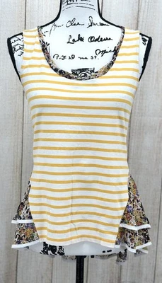 Camiseta sin mangas Anthropologie matasellos Peplum pequeña a rayas amarillas dobladillo con volantes florales Foto 1 de 4