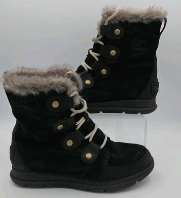 Sorel Women’s Explorer Joan, Black Suede Winter Boots, Size 6M Faux Fur Lace Up - Image 1 of 4