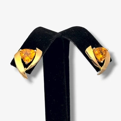 Brincos Lester Lampert ouro 14K corte trilhão laranja sintético espinélio década de 1990 - Imagem 1 de 4