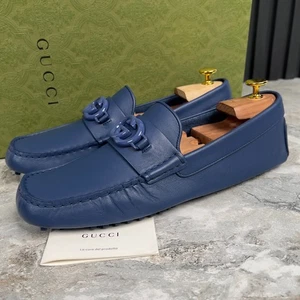 Gucci GG Logo Driving Moccasin Blue Leather 9 G or 9.5 US or 43 EUR - Picture 1 of 13