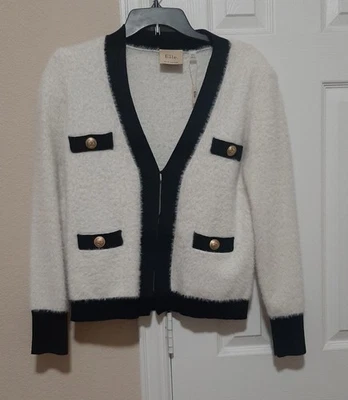 Elie Tahari 对比装饰模糊 4 口袋金色纽扣黑色/白色开衫全新带标签 M — 第 1/4 张图片