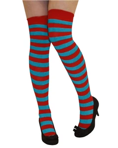 Cat In The Hat Themed Over The Knee Socks Turquoise & Red Striped UK Size 4-5.5 - Picture 1 of 1