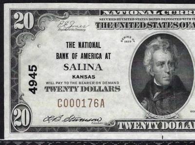 🇺🇸 KS 1929 $20 ♚♚SALINA, KANSAS♚♚ THE NB OF AMERICA  PCGS ABOUT UNC 55 AMAZING - Image 1 of 3