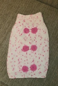 Small (Chihuahua Sized) Hand Knitted Dog Jumper / Sweater - White & Pink - Bows - Picture 1 of 2