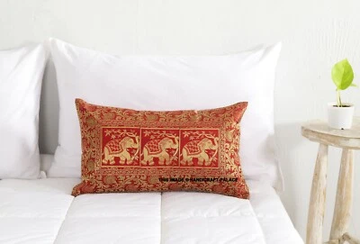 Indian Elephant Silk Brocade Pillow Cushion Cover Sofa Throw Home Decor 12X20" - Image 1 of 4