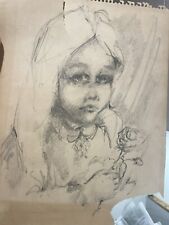 signed drawing portrait young girl with rose 1950/60 9@11 Afroamerican