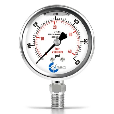 2-1/2" Pressure Gauge, ALL STAINLESS STEEL, Liquid Filled, Lower Mnt, 600 Psi - Image 1 of 4
