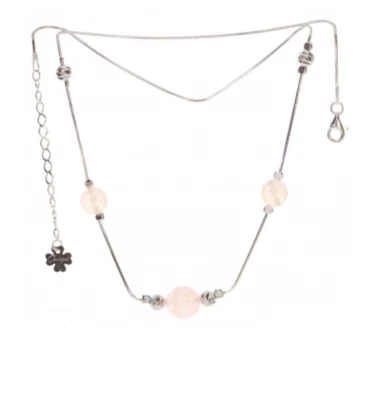 Collana 3 Perle Pietra Quarzo Rosa Vera In Argento Massiccio 925/1000 Rodiato - Immagine 1 di 3