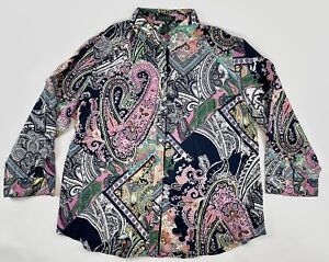Ralph Lauren Woman's Button Down 3/4 Sleeve Bright Paisley Tunic Shirt