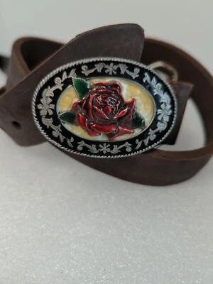 Western Rose Small Siskiyou Belt Buckle Vtg 1985 Metal 30" Leather Belt 1.25" Wi - Image 1 of 4