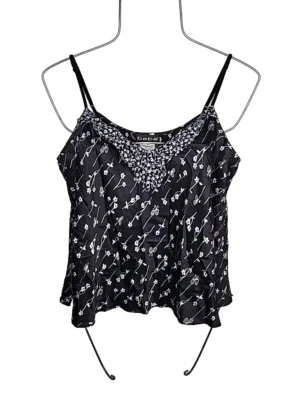 Camiseta sin mangas Bebe para mujer negra blanca con estampado floral 100 % seda cuello con volantes M Foto 1 de 4