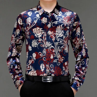 Men Retro Velvet Blouse Floral Shirt Long Sleeve Printed Top Casual Loose Dance - Image 1 of 4