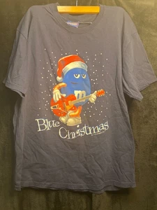 M&M’s Blue Christmas T-Shirt Men’s Large Blue Santa Guitar Holiday Candy Tee - Picture 1 of 4