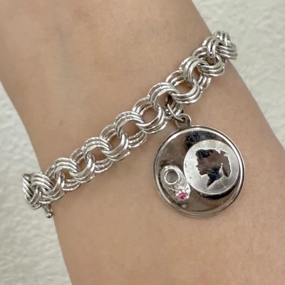 Vintage Sterling Silver Girl Baby Boots Pink Stone Double Curb Link Bracelet 16g - Image 1 of 4