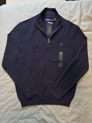 Ralph Lauren Navy Honeycomb Knit Quarter Zip Jumper Medium - Image 1 of 4