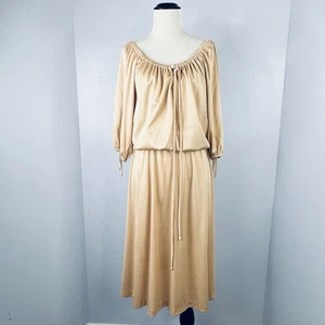Vintage 70er Old Hollywood Seidenkleid Gr. 11 beige 3/4 Ärmel Gummibund - Bild 1 von 6