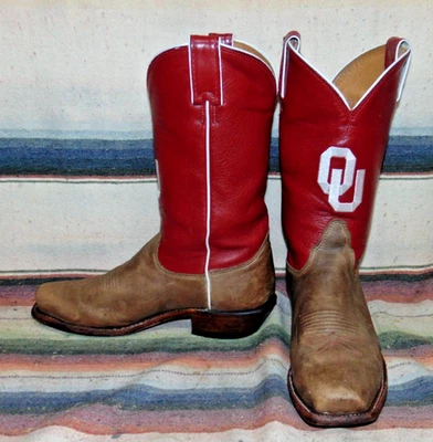 Womens Nocona Brown / Red Leather OU College Cowboy Boots 8 1/2 B Good Used Cond - Image 1 of 4