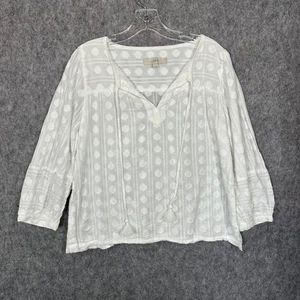 LOFT Shirt Womens Medium White Cotton Peasant Boho Tassel Top Blouse - Picture 1 of 4