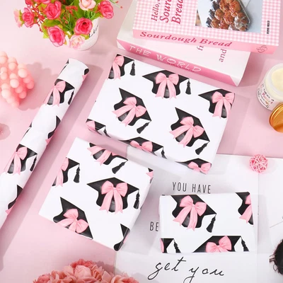 Graduation Wrapping Paper -Mini Roll- 17In X 32.8Ft Pink Bow Black Graduation Ca - Image 1 of 4