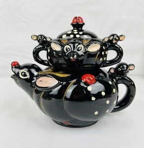 Vintage Christmas Reindeer Stacking Teapot & Sugar Bowl Red ware Pottery Japan  - Picture 1 of 11