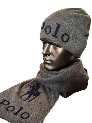 NWT Polo Ralph Lauren Men's 2 Piece Set Hat & Scarf, Gray/Navy Great Gift! - Image 1 of 4