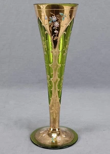 Antique Bohemian Moser Type Enameled Floral & Gold Arch Yellow Green Glass Vase - Picture 1 of 11