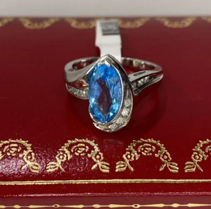 Anello nuovo oro bianco 14 kt topazio blu diamante cascata moderna matrimonio 4,6 grammi 7 - Foto 1 di 11