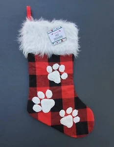 NEU Pfotenabdruck Weihnachtsstrumpf Hund Haustier Urlaub rot & schwarz Büffel Karo 19" c - Bild 1 von 3