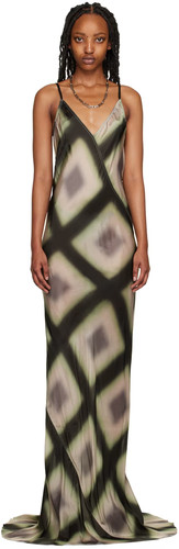 Maxi abito RICK OWENS nero slip cupro giaponetta scollo a V stampa lido EDFU taglia US 2