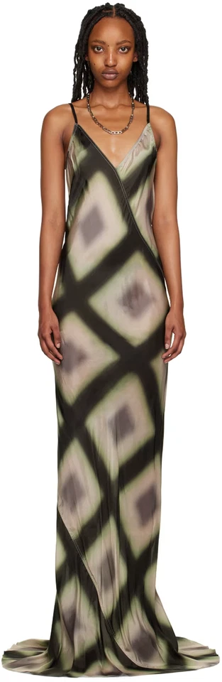 Maxi Vestido RICK OWENS Negro Sin Mangas Cupro Japoneta Cuello en V Estampado Lido EDFU Talla EE. UU. 2 Foto 1 de 4