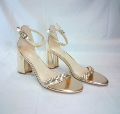 Sandalia de vestir Nine West Allha3 para mujer de tacón ancho con correa para el tobillo - Color dorado Foto 1 de 4