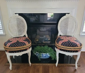 Pair Vintage French Country  Wood Cane Chairs Cushions Chintz Fabric Free Ship! - Picture 1 of 12