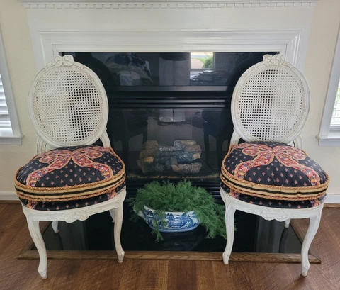 Pair Vintage French Country  Wood Cane Chairs Cushions Chintz Fabric Free Ship! Cover