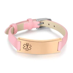 Pink Leather Medical Alert ID Bracelet with Rose Gold Bar - Picture 1 of 1