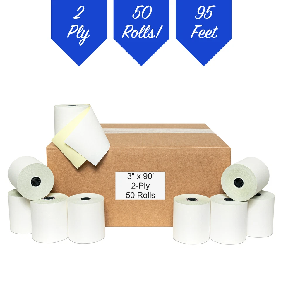 3" x 95' 2 Ply White/Canary Paper Rolls for EPSON TM-U210AR TM-U210B TM-U220 NEW - Image 1 of 4
