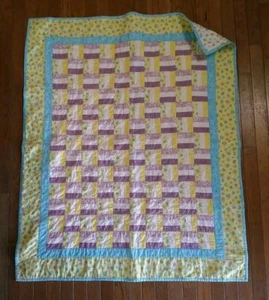 Handmade Quilted Baby Girl Quilt Yellow Purple Aqua Butterflies 40x48 - Picture 1 of 7