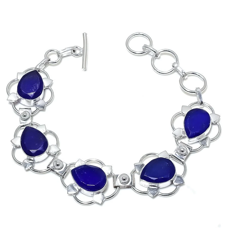 Blue Onyx Gemstone Handmade 925 Sterling Silver Bracelet 7-8" - Image 1 of 1