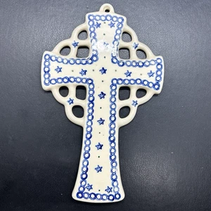 Polnische Keramik Boleslawiec Wandhalterung Kreuz blaue Sterne auf weiß 8,75 Zoll - Bild 1 von 8