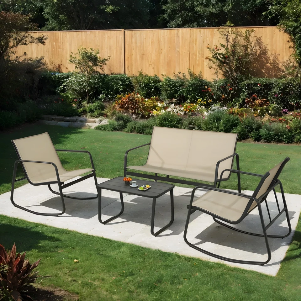 4 Piece Outdoor Patio Furniture Set with Loveseat 2 Rocking Chairs Coffee Table - Image 1 of 1